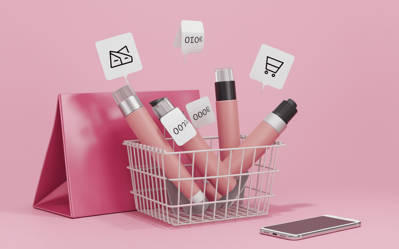 Panier shopping avec tubes correcteur anti cerne too faced et étiquettes prix