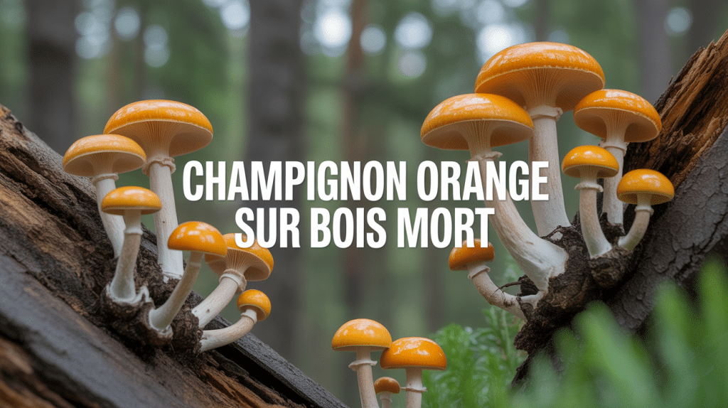 Photo de champignons orange sur bois mort en forêt avec mousse verte