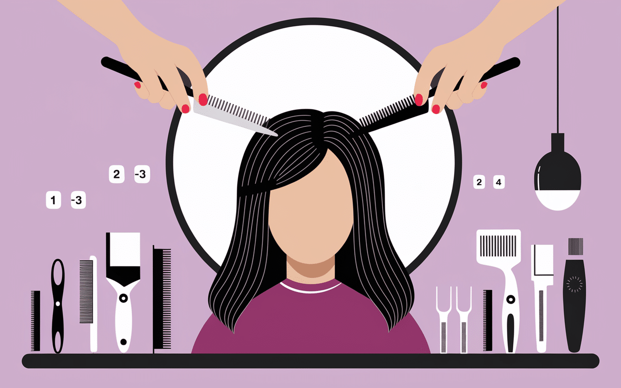 Salon coiffure étapes coupe papillon avec ciseaux