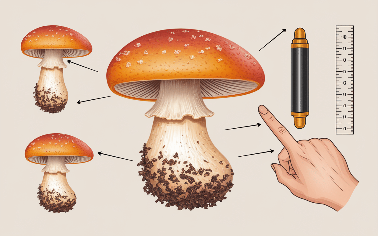Guide visuel pour identifier champignon orange sur bois mort avec loupe et mesure