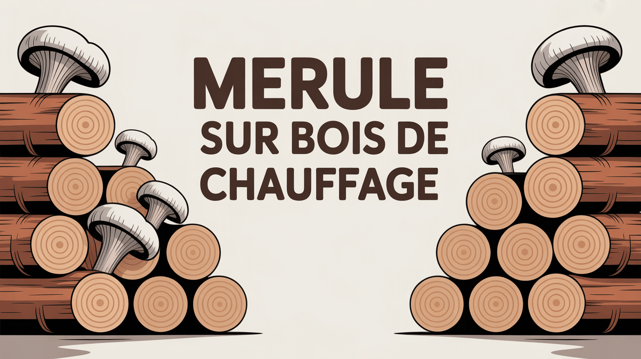 illustration de merule sur bois de chauffage avec bûches et filaments cotonneux