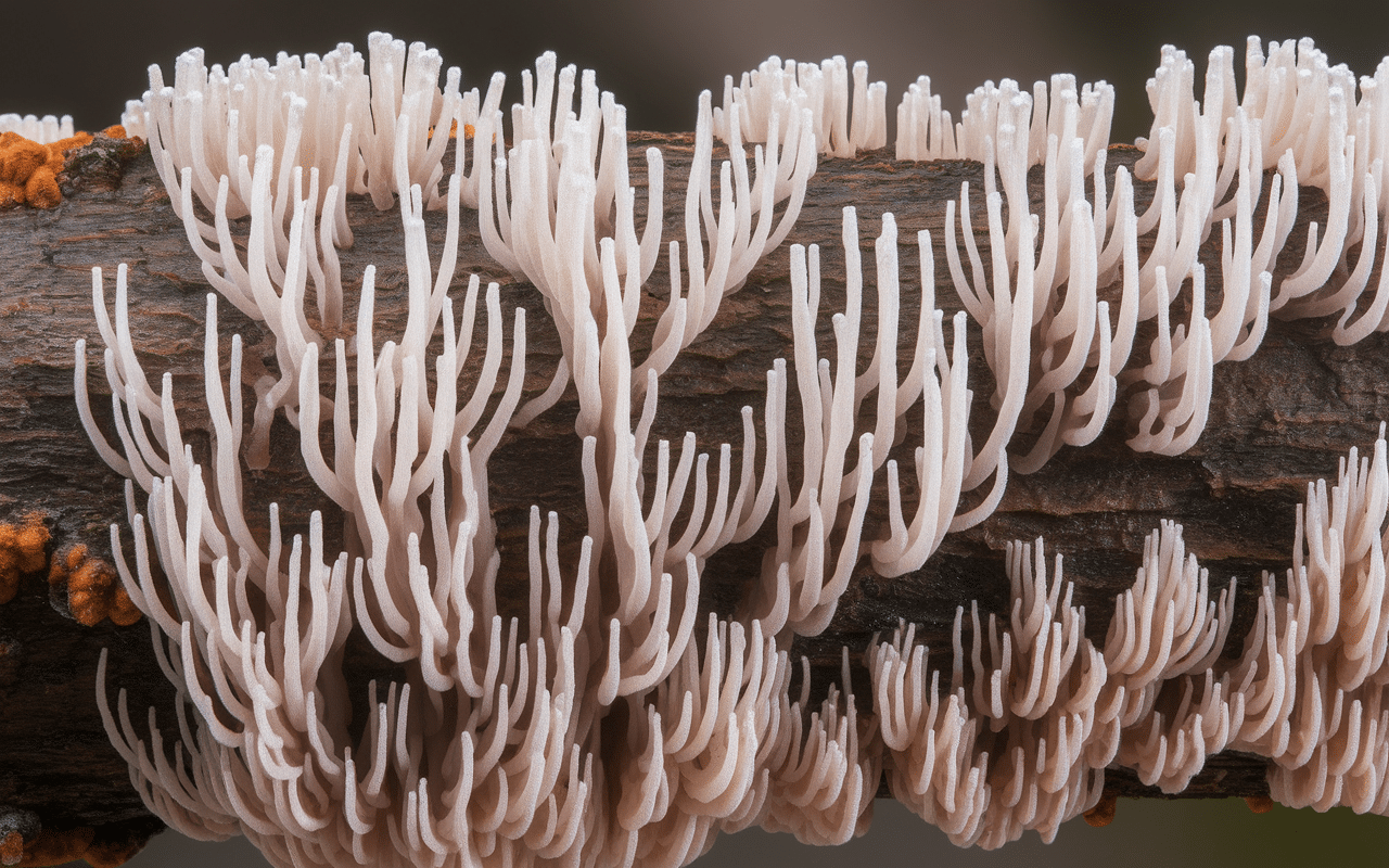 gros plan sur merule sur bois de chauffage avec filaments cotonneux et spores