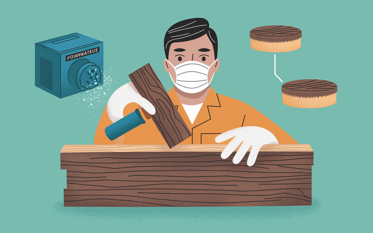 mains gantées traitant merule sur bois de chauffage avec produit fongicide