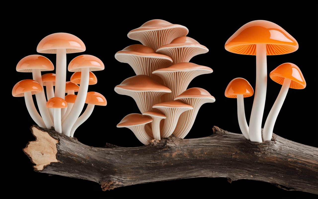 Illustration des espèces de champignon orange sur bois mort sur branches mortes