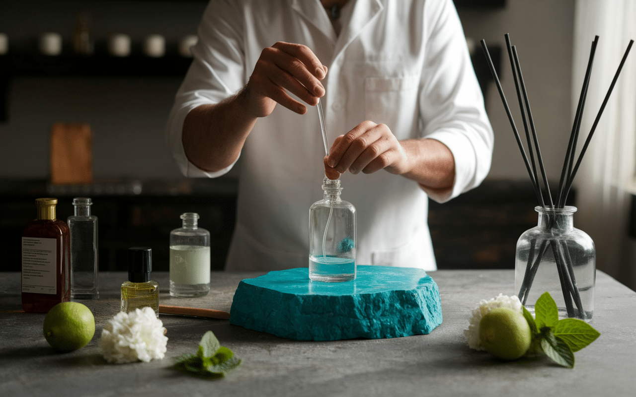 Parfumeur créant turquoise stone parfum avec pierre turquoise