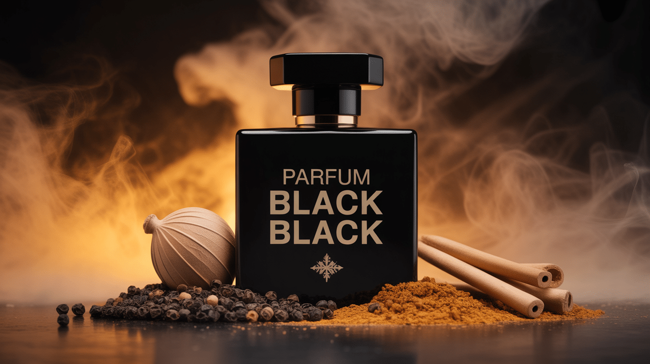 Flacon parfum Black Black entouré d'épices