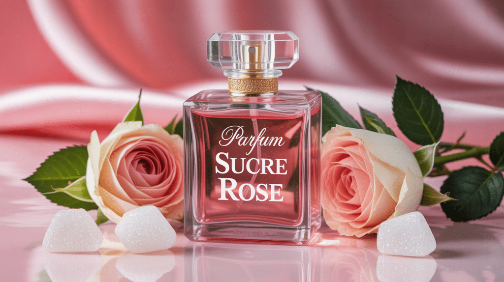 Flacon parfum sucre rose avec pétales et cristaux
