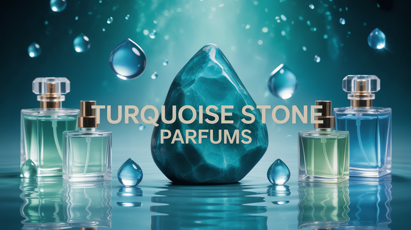 Illustration turquoise stone parfum avec pierre turquoise et flacons