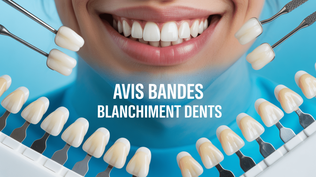 Sourire éclatant entouré de bandes de blanchiment des dents, avis