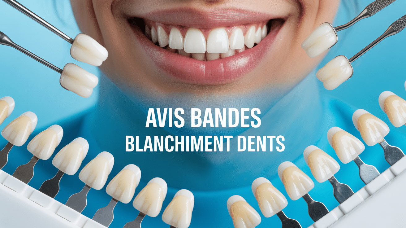 Sourire éclatant entouré de bandes de blanchiment des dents, avis
