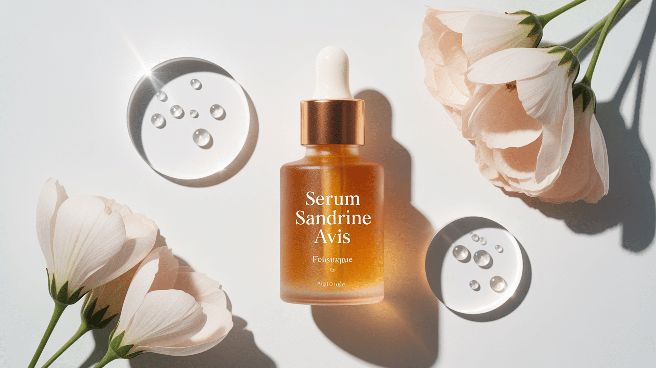 Serum Sandrine avis flacon serum élégant avec pipette dorée et fleurs