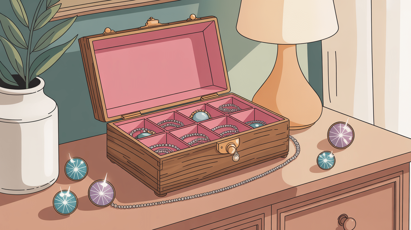 Boite à bijoux bois posée sur commode ambiance cosy