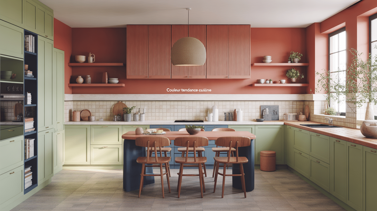 Cuisine moderne avec couleurs tendance et matériaux naturels
