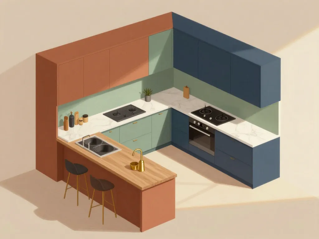 Cuisine avec terracotta, vert sauge et bleu tendance