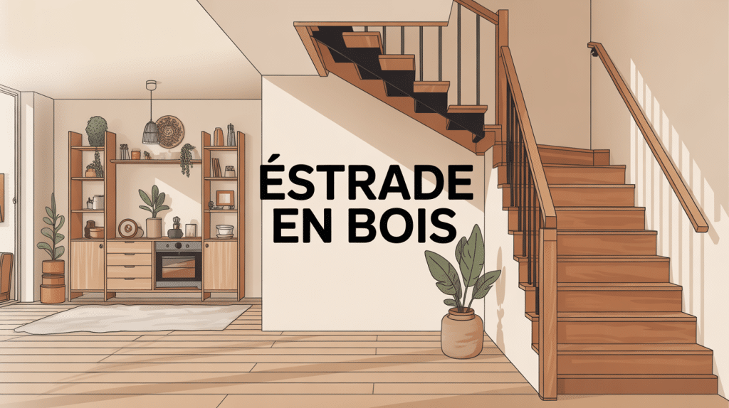 illustration d'une estrade en bois élégante avec rangement et déco moderne