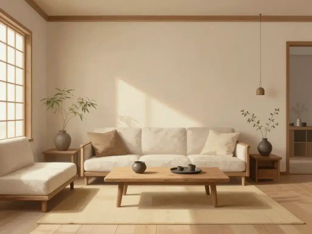 japonais deco salon couleurs neutres matériaux naturels