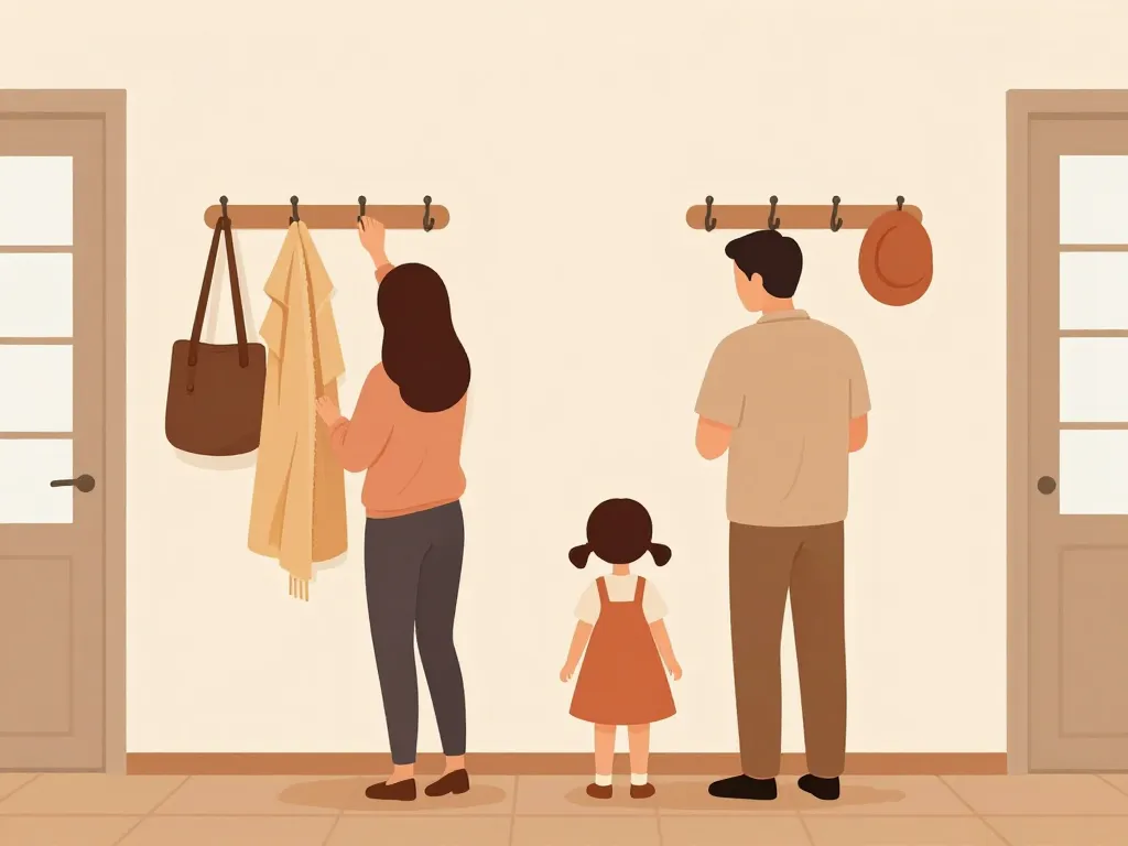 scène famille utilisant patère porte manteau murale et sur pied