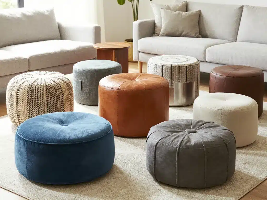 pouf tabouret en velours, bois, cuir salon moderne