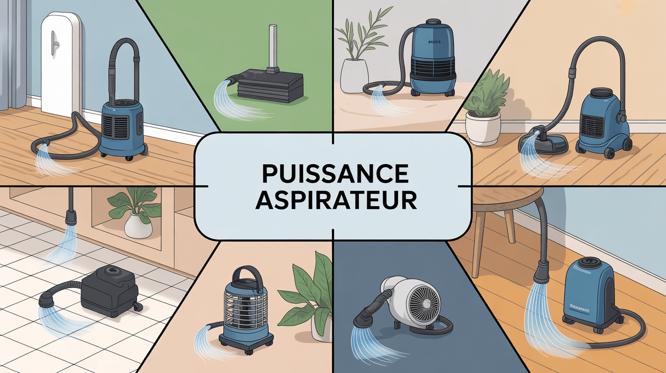 quelle puissance pour un aspirateur visuel explicatif avec divers aspirateurs et surfaces