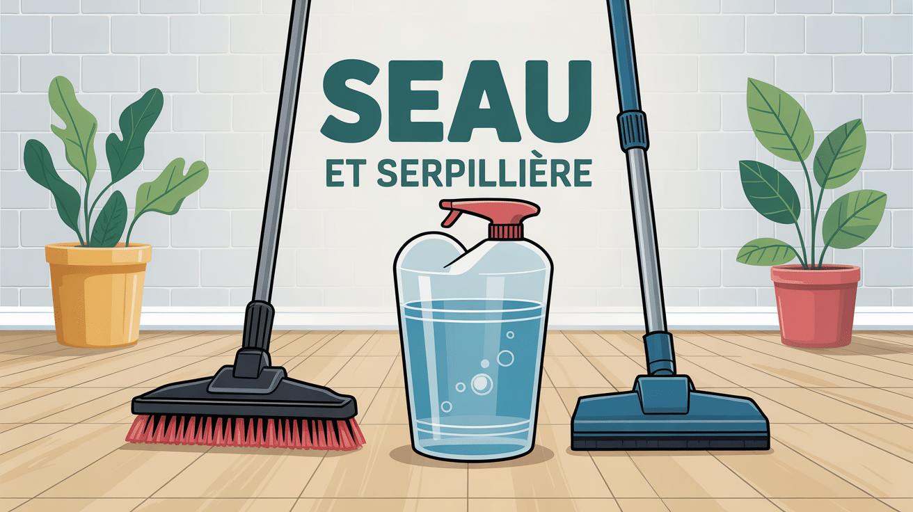 Illustration seau et serpillière pour nettoyage des sols