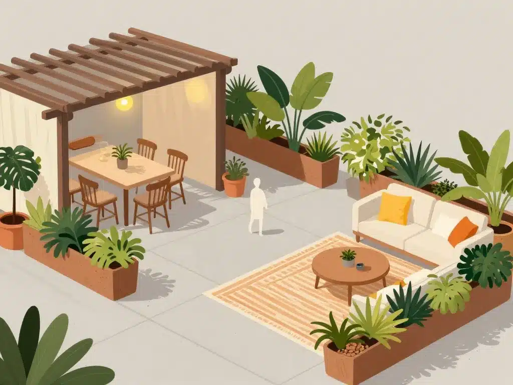 Amenagement terrasse beton coins detente repas deco