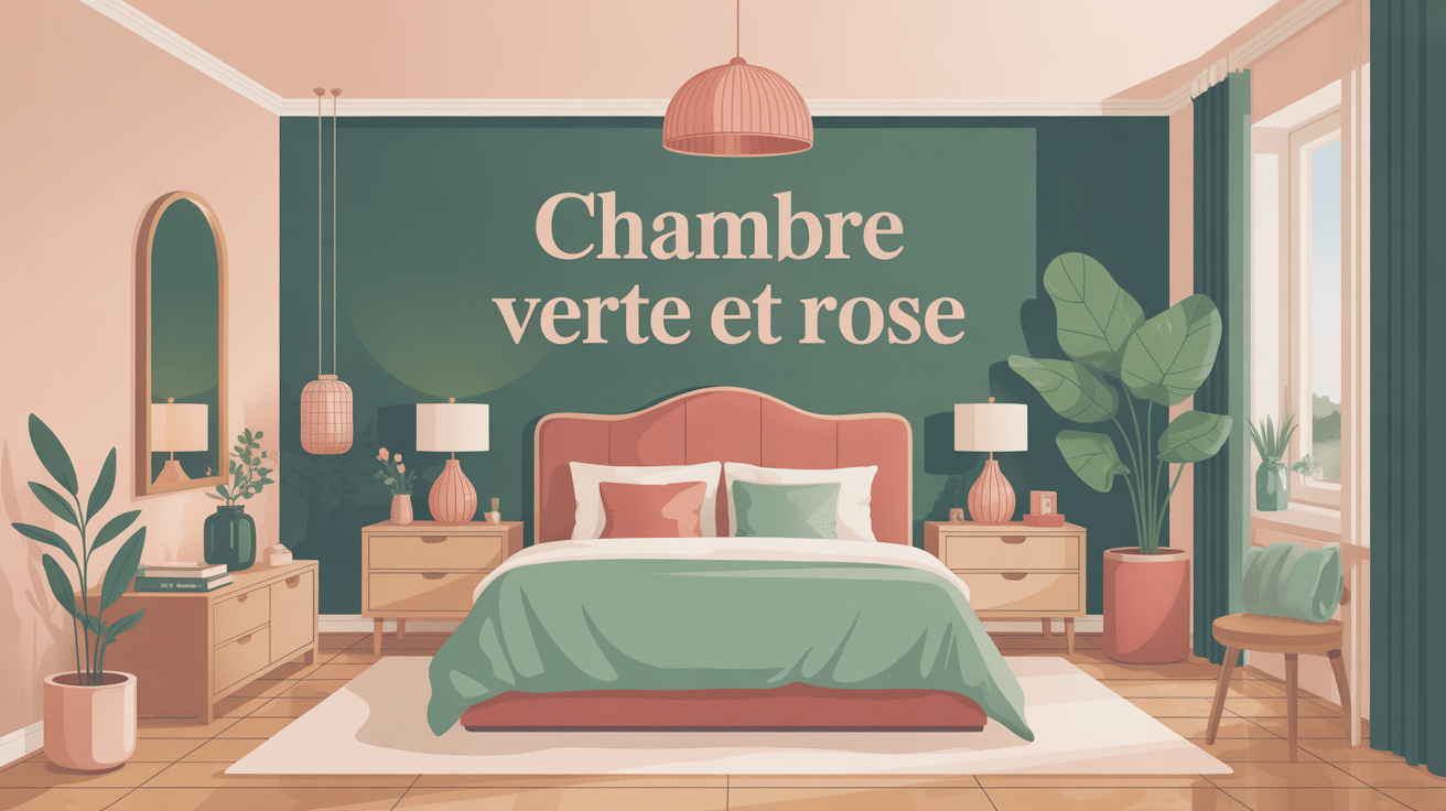 Illustration chambre verte et rose ambiance chaleureuse