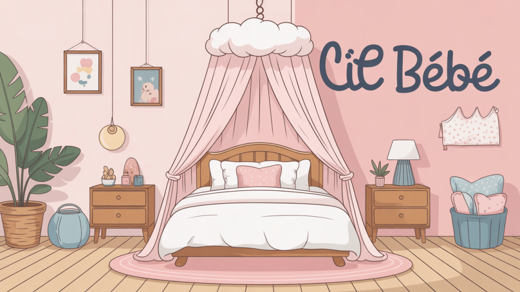 Illustration ciel de lit bébé dans une chambre apaisante pastel