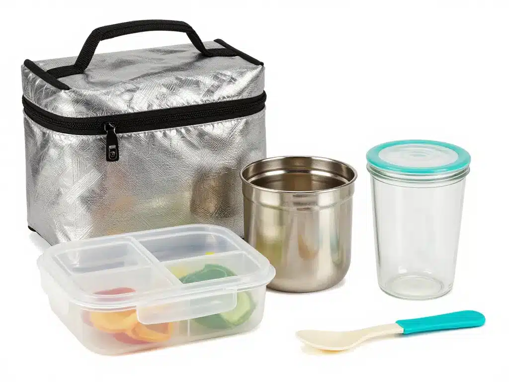 Lunch bag and lunch box en plastique, inox, verre avec accessoires pratiques