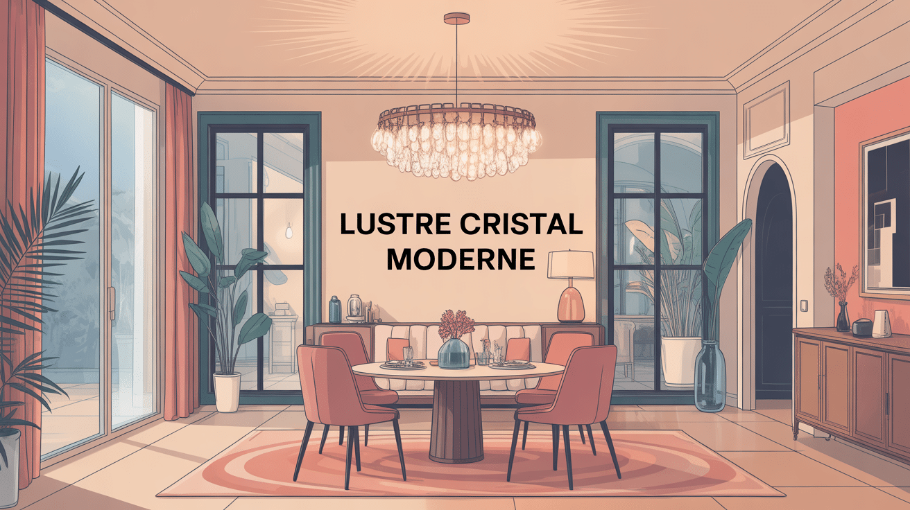 lustre cristal moderne au centre d’un salon contemporain