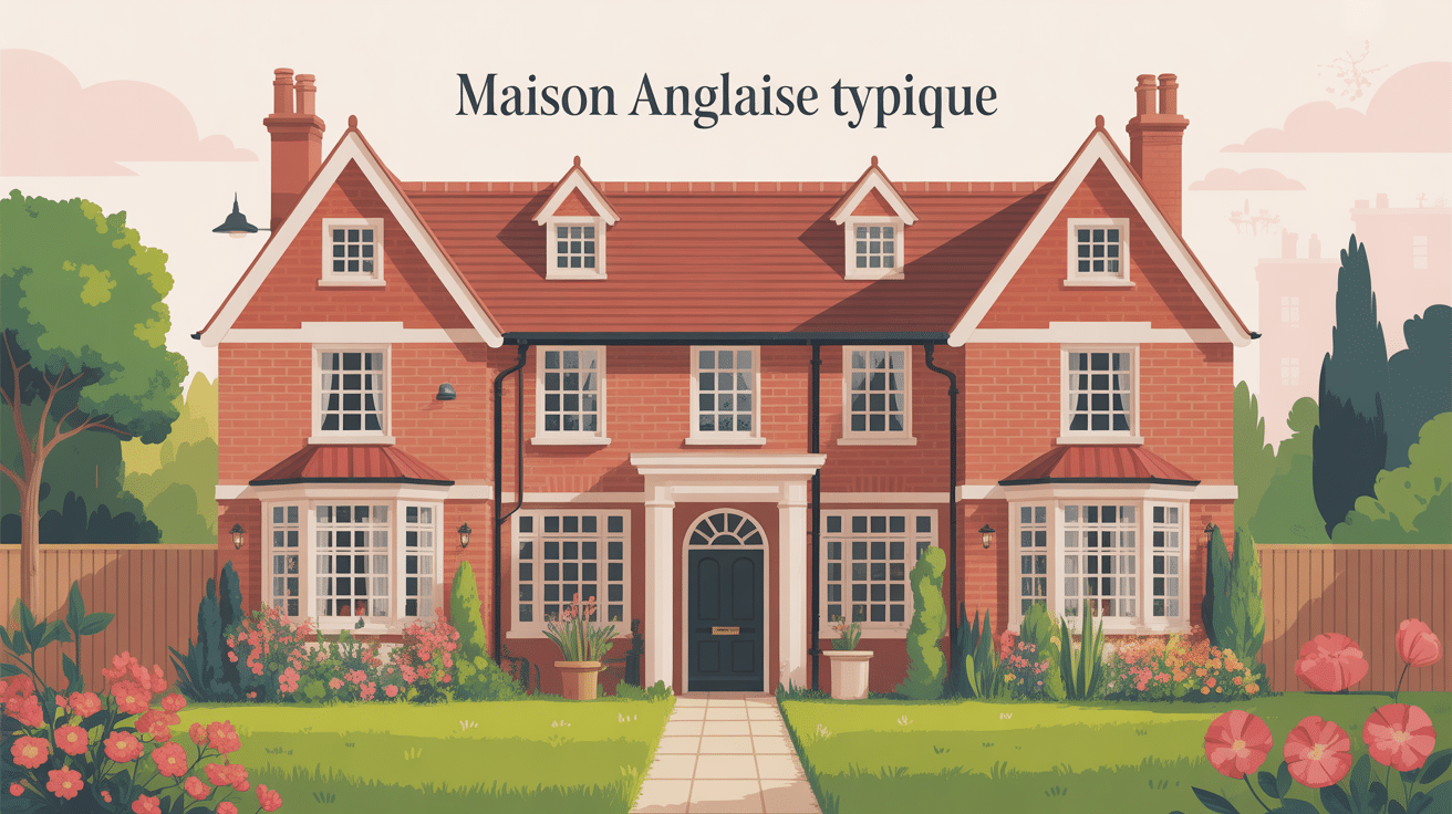 Illustration façade et déco maison anglaise typique