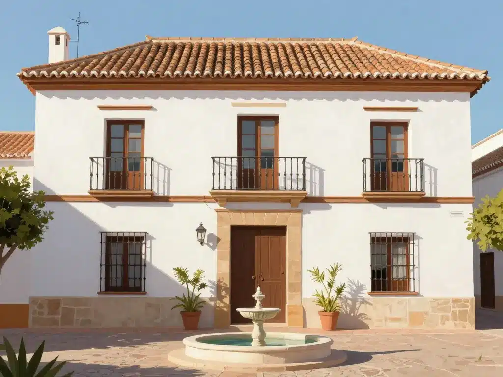 Architecture maison typique espagnole mur blanc toit tuiles patio