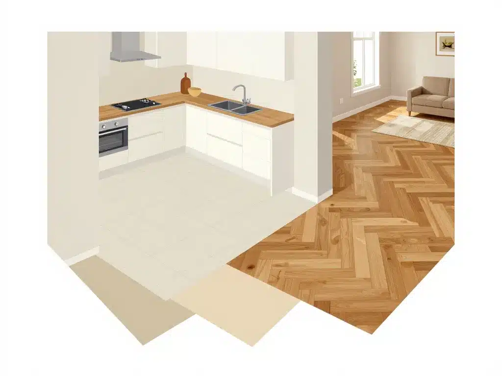 Penser ensemble cuisine carrelage salon parquet schéma