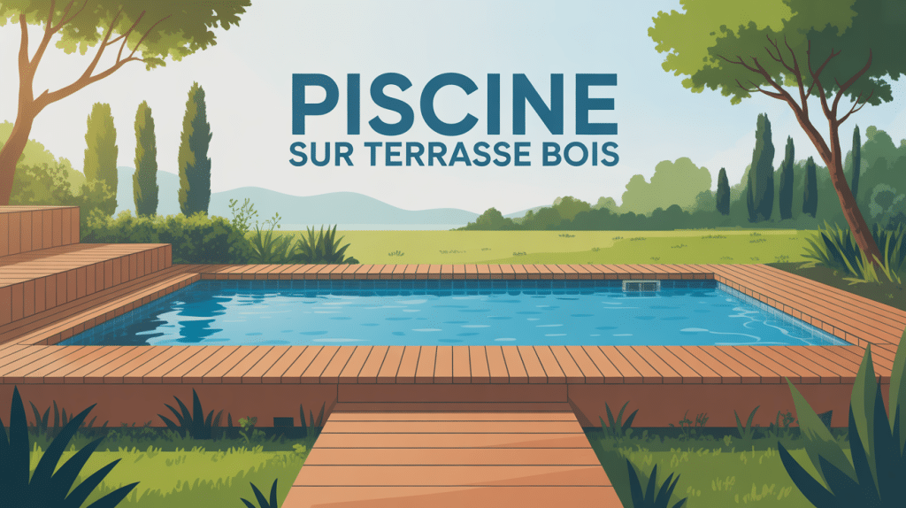 Piscine sur terrasse bois illustrée en perspective avec titre