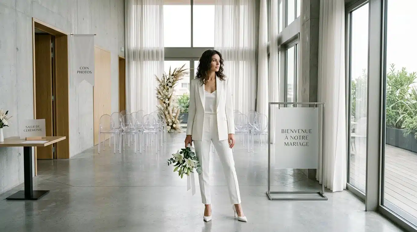 Femme élégante portant un tailleur de mariage moderne et chic