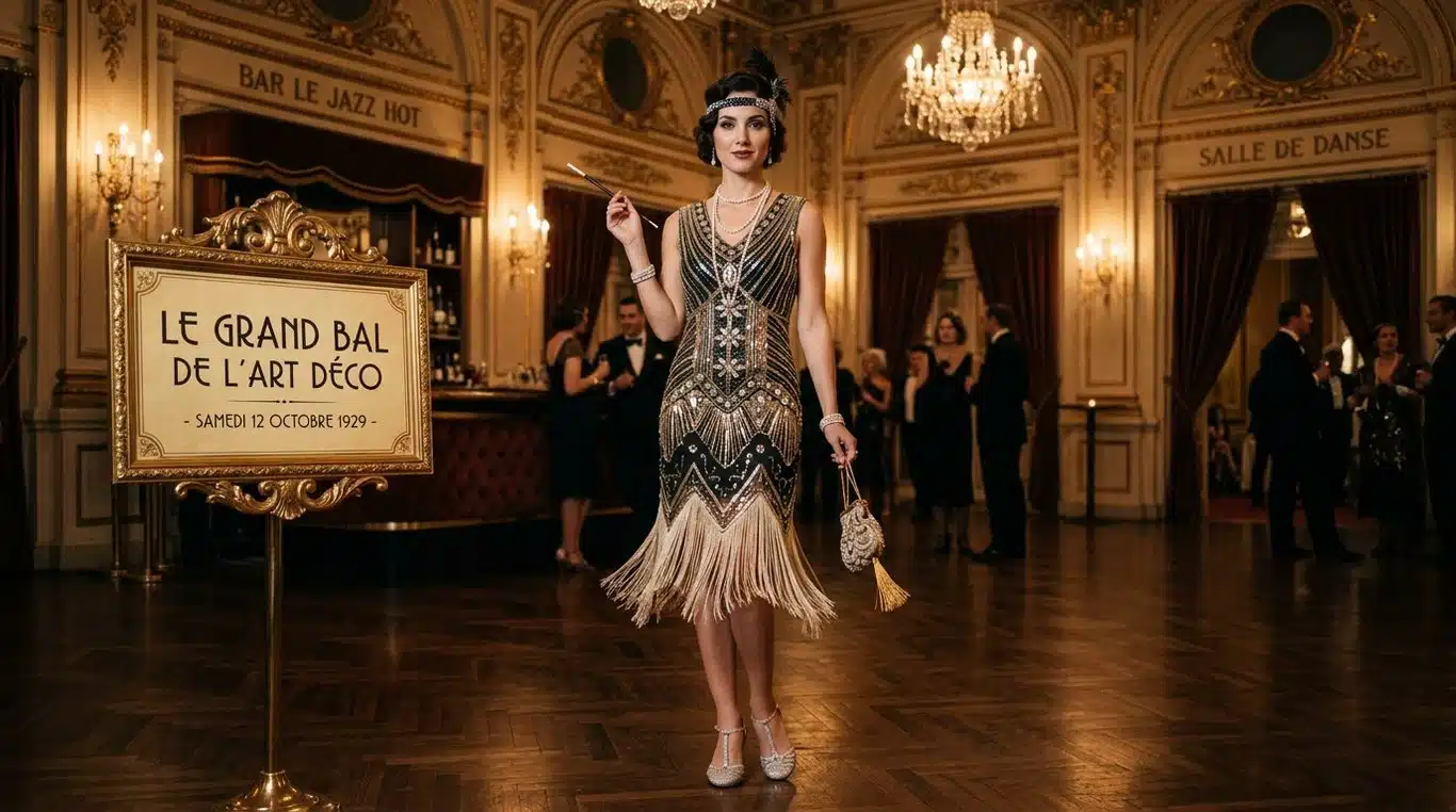 Femme portant une robe style années 20 avec broderies Art Déco et franges dans un décor vintage