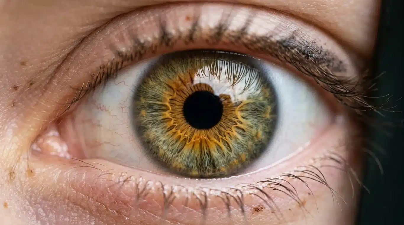 Close-up of a hazel eye showing the characteristic sunburst pattern and color gradient.