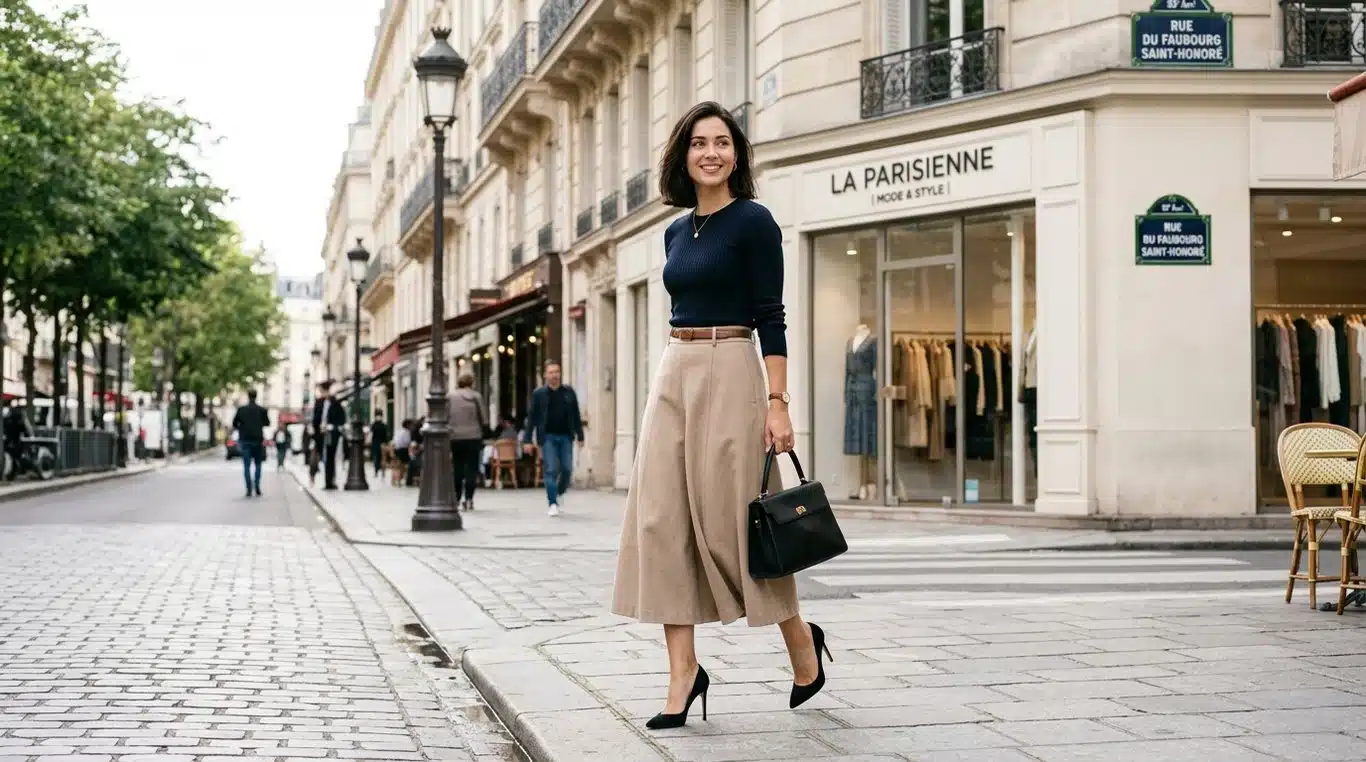 Femme portant une jupe-culotte élégante avec un haut ajusté et des talons dans un cadre urbain