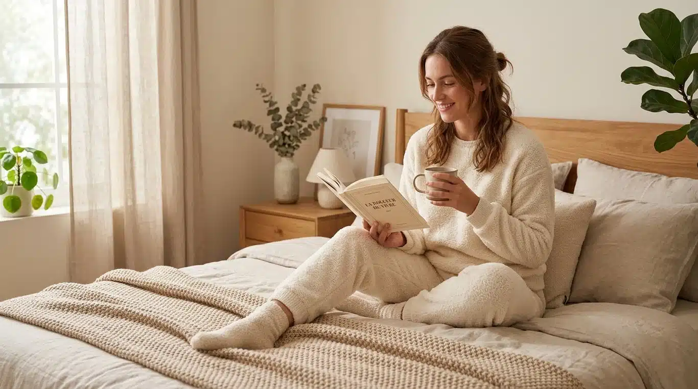 Femme portant un ensemble en pilou pilou doux et confortable dans une ambiance cocooning