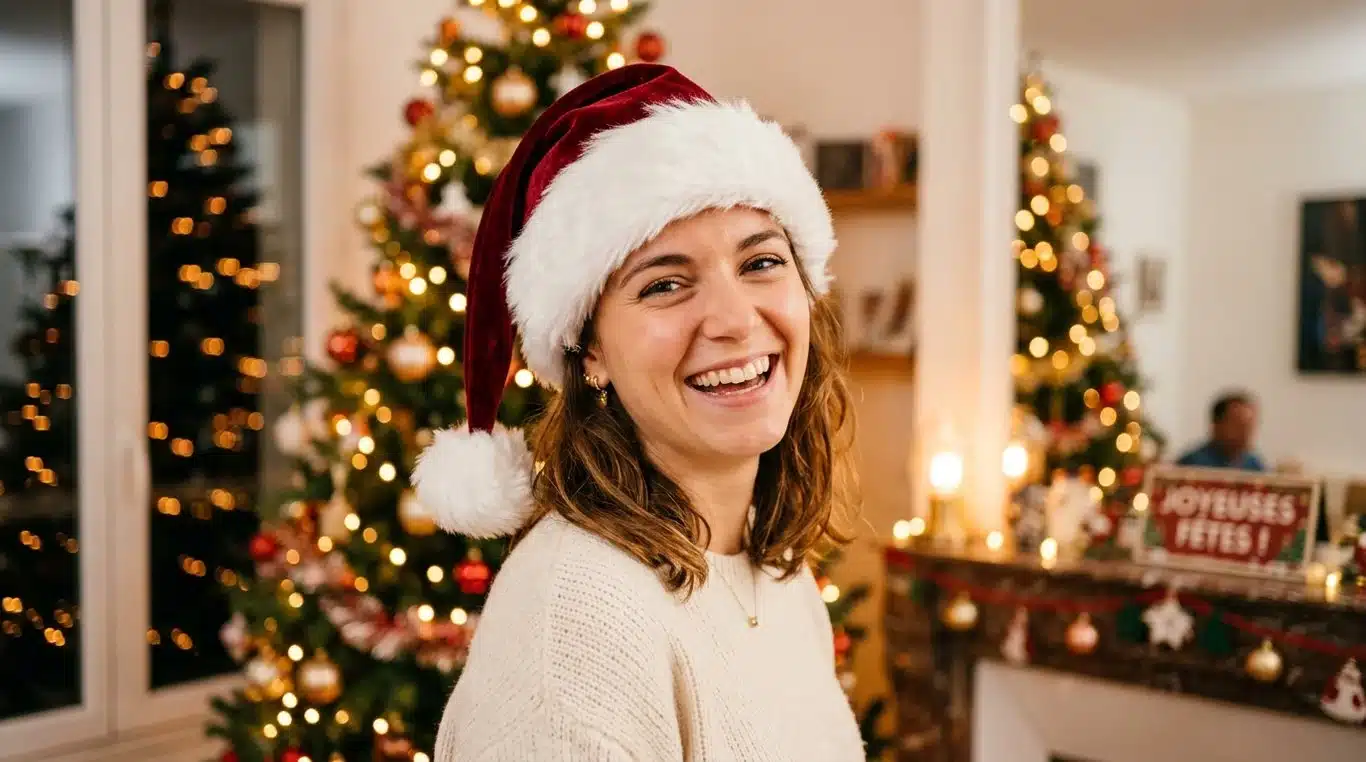 Personne portant un bonnet de Noël en velours de qualité dans une ambiance festive
