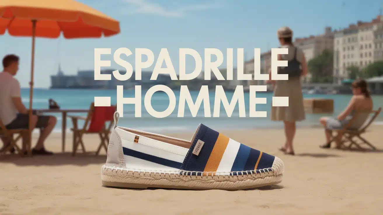 Espadrille homme stylisée sur fond plage et ville