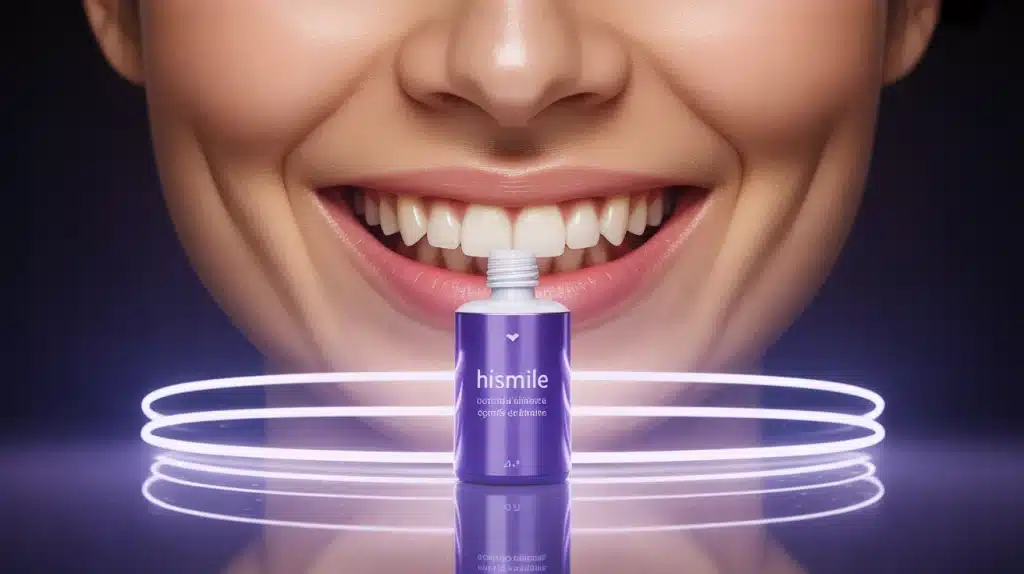Flacon gel violet et bandes blanchissantes Hismile sur fond lumineux