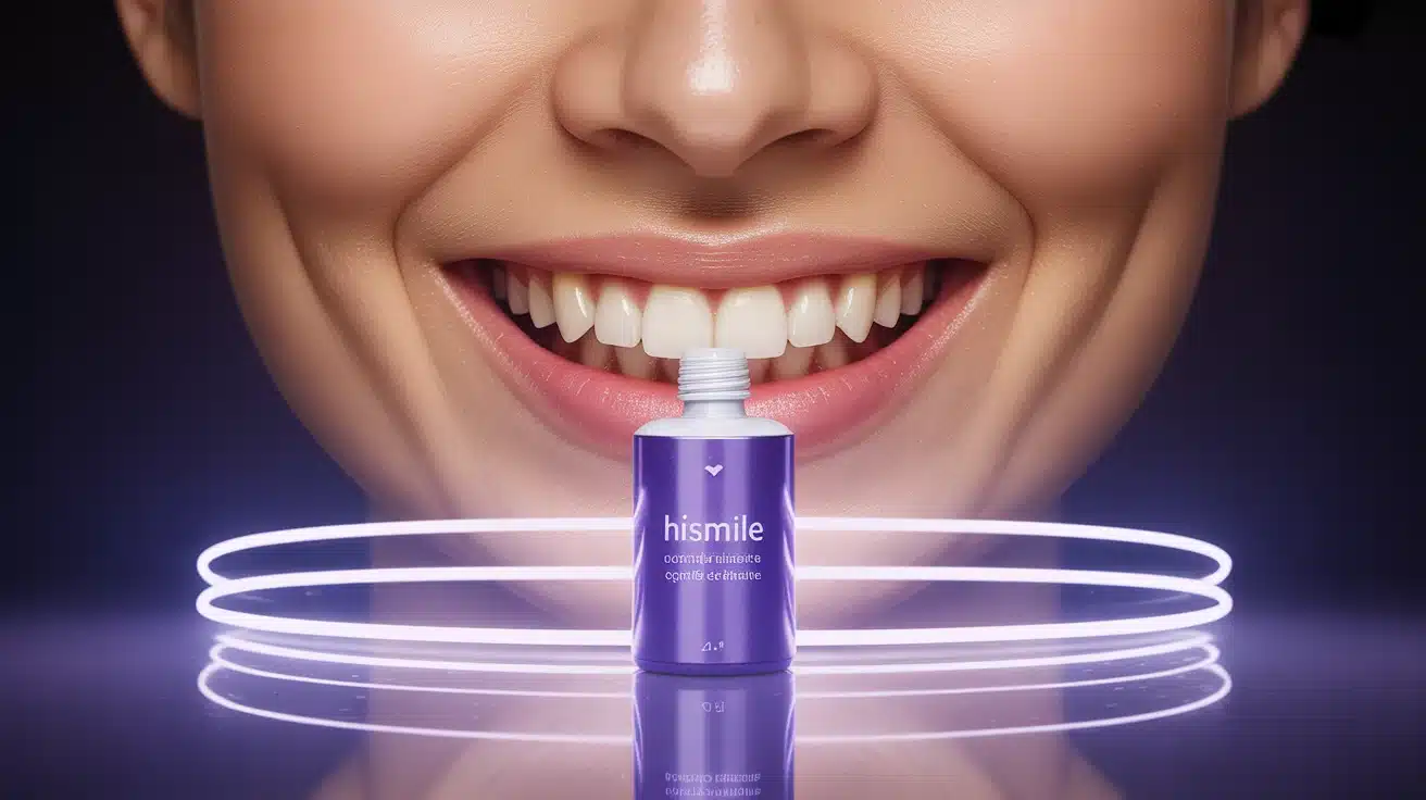 Flacon gel violet et bandes blanchissantes Hismile sur fond lumineux