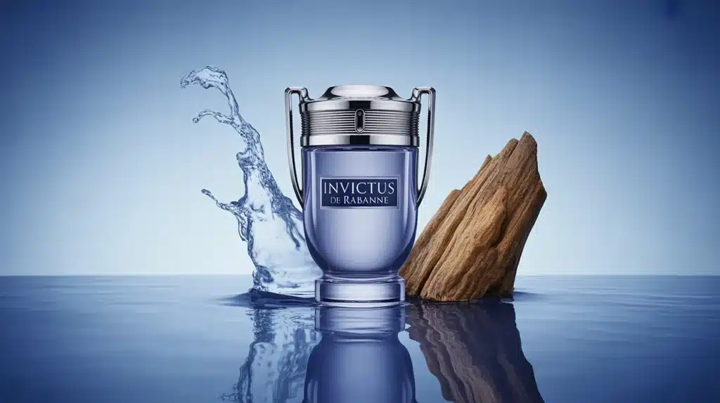 Flacon Invictus de Rabanne en forme de trophée bleu marine et argenté
