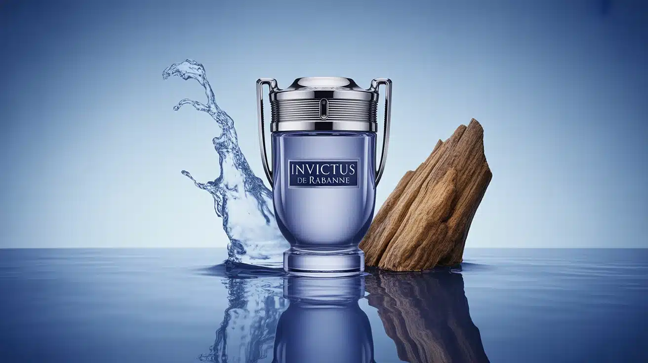 Flacon Invictus de Rabanne en forme de trophée bleu marine et argenté