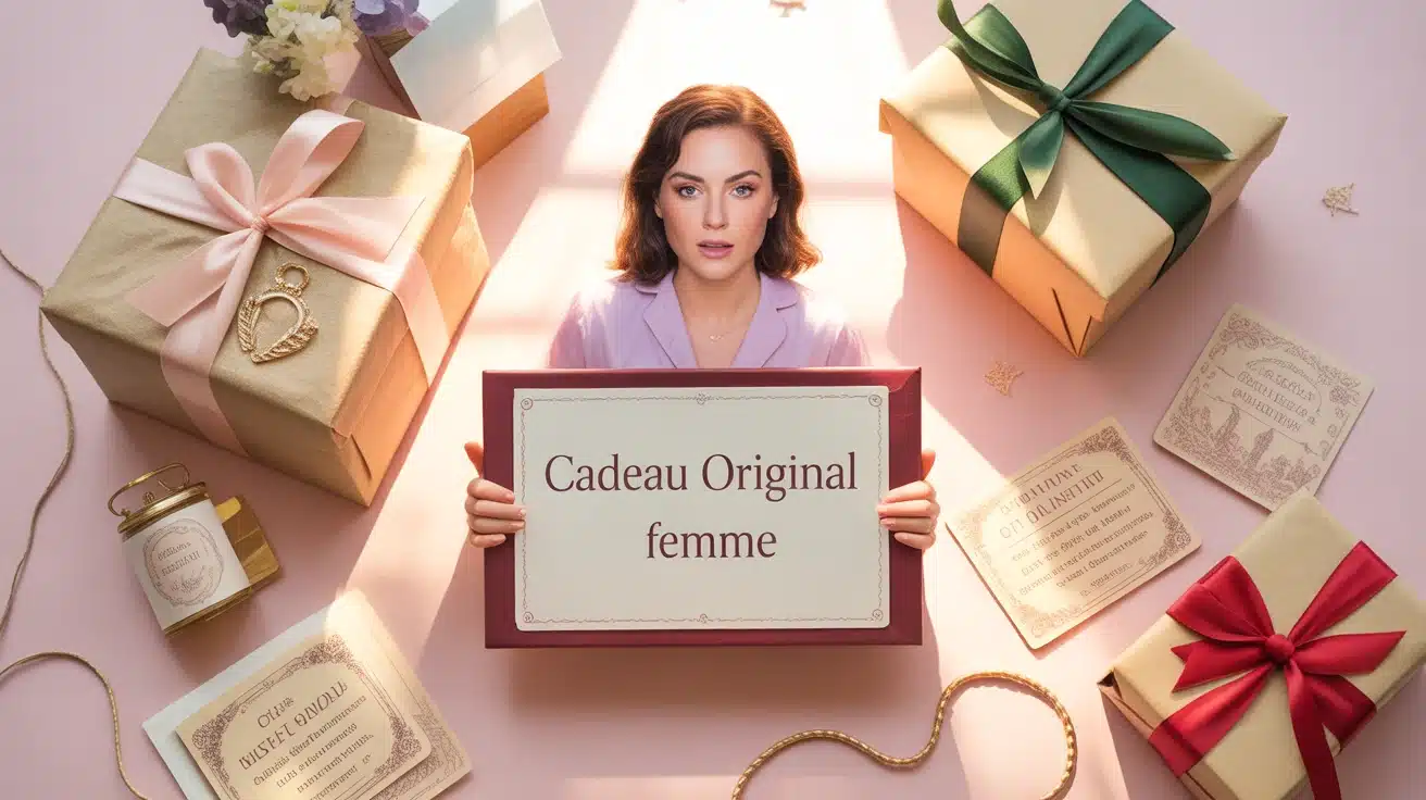 Cadeaux femme originaux entourée de présents personnalisés