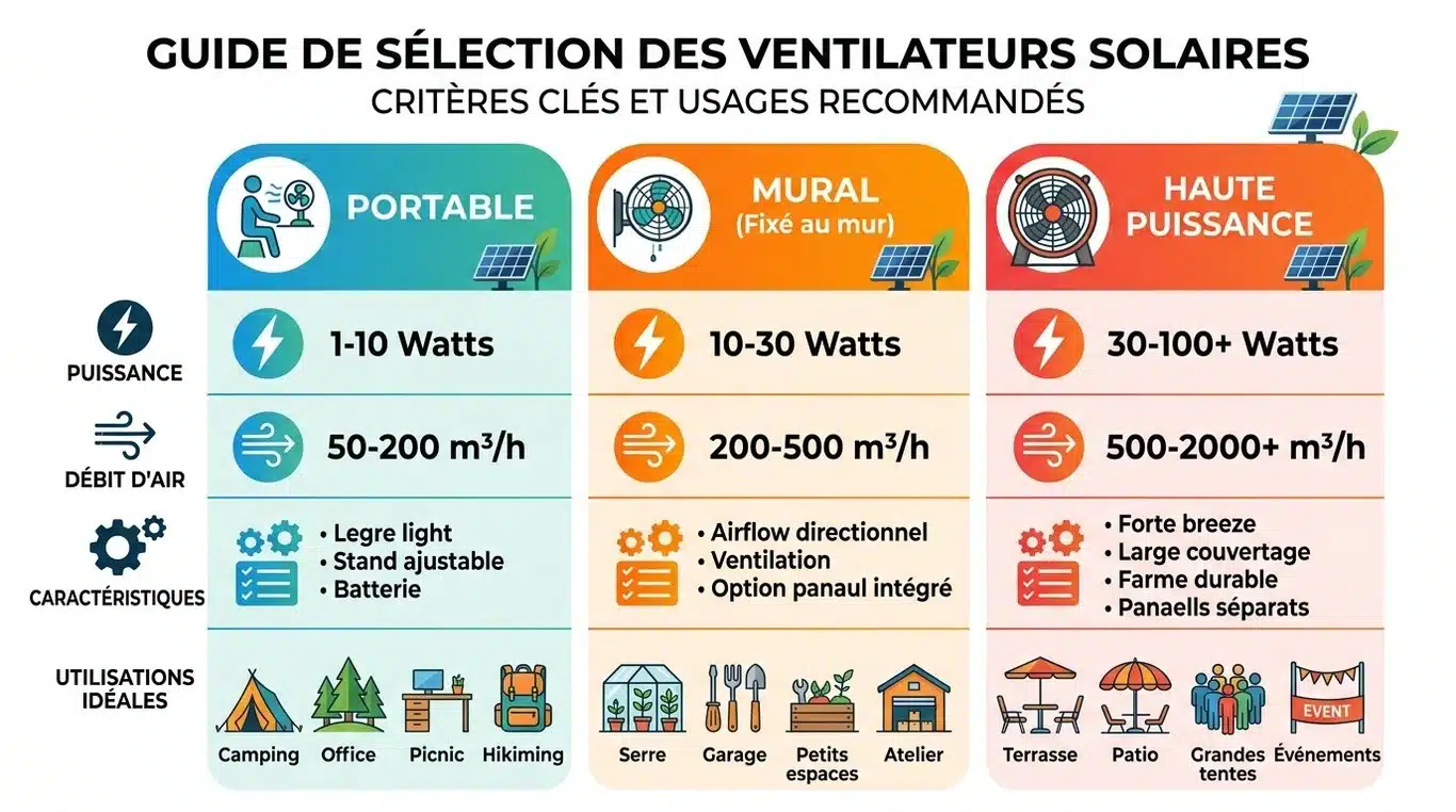 Infographie comparative des critères de choix pour un ventilateur solaire : puissance, débit d'air et usages recommandés.