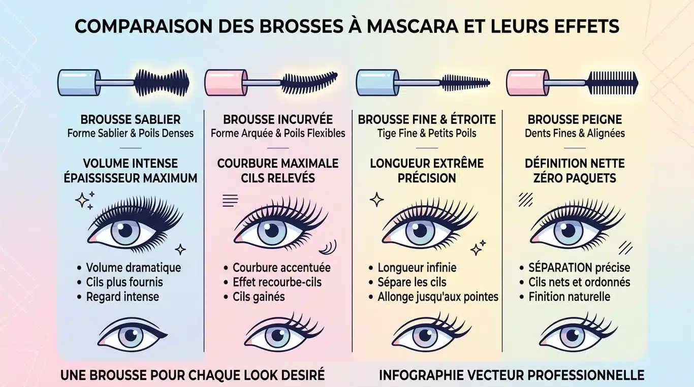 Infographie comparative des types de brosses à mascara et leurs effets sur les cils