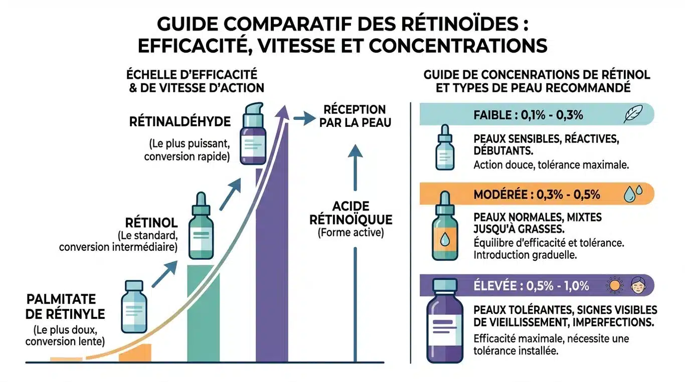 Infographie comparative des types de rétinoïdes et des concentrations recommandées pour la peau.