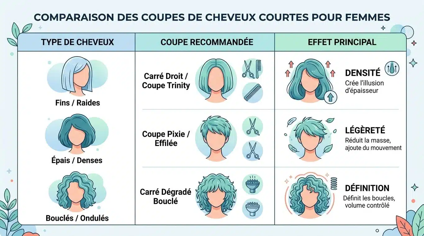 Infographie récapitulative des coupes courtes recommandées selon la nature des cheveux