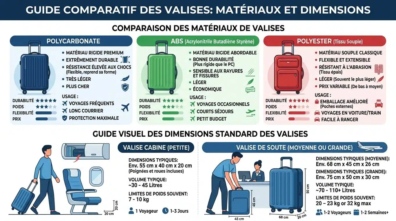 Infographie comparative pour choisir sa valise : matériaux et dimensions